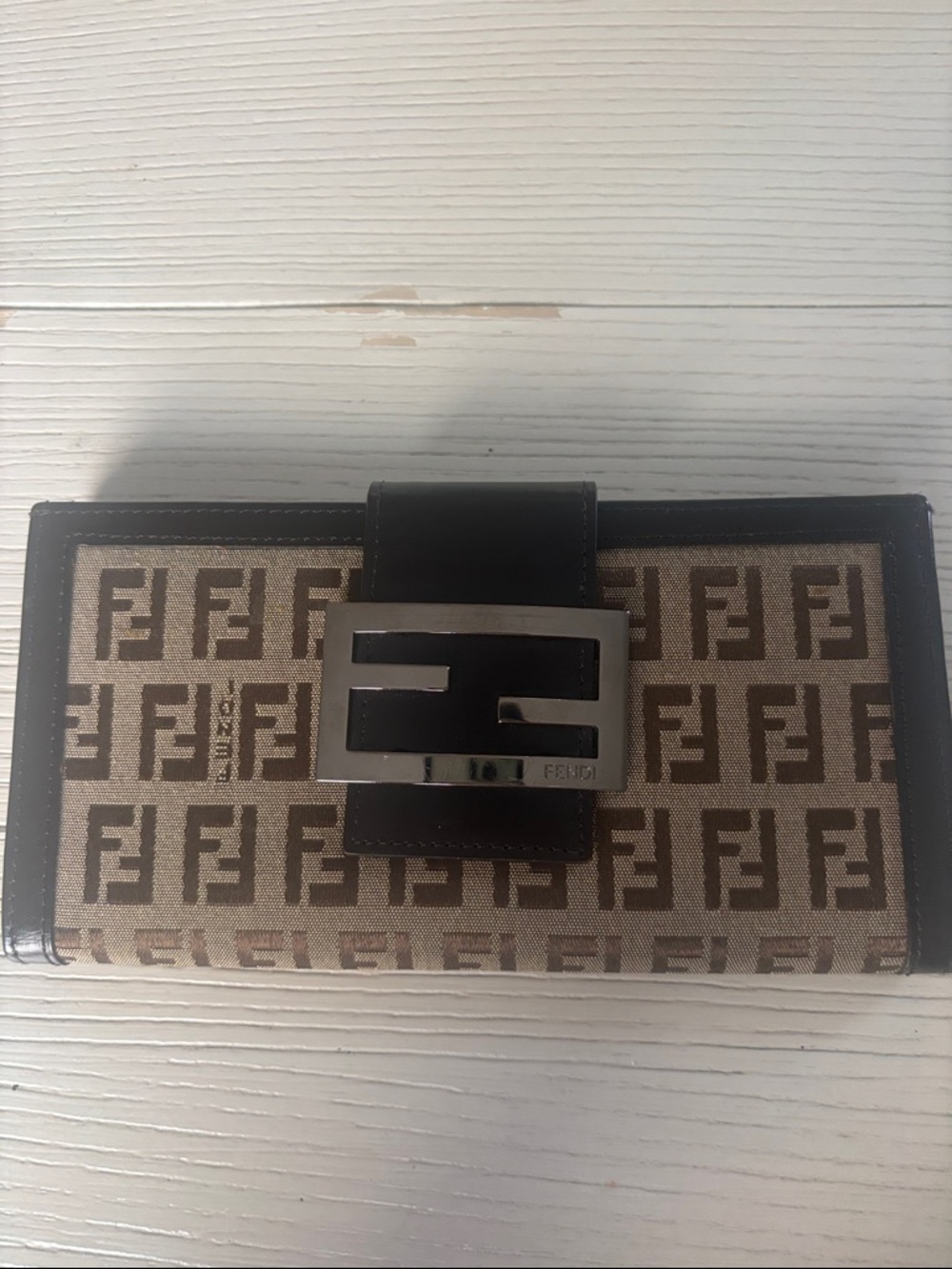 Fendi Beige and Brown Zucca FF Monogram Buckle Continental Wallet